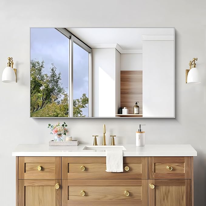KOCUUY 30x48 Inch Large Silver Wall Mounted Mirror, Brushed Nickel Framed - Image 2