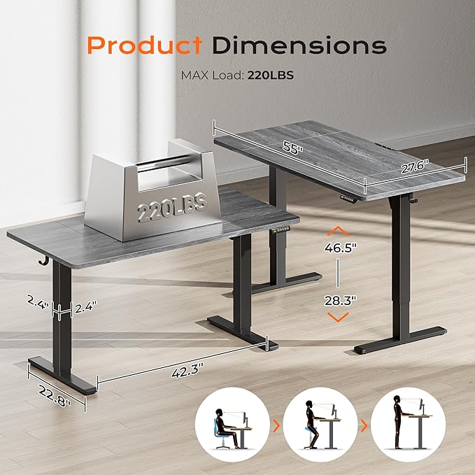 Huuger 55 x 28 Large Electric Standing Desk, Height Adjustable Desk, 27.6" Deep - Image 2