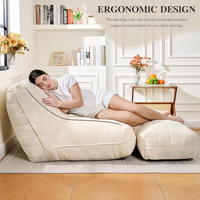 Bean Bag Chair with Ottoman, Comfy Bean Bag Sofa with Memory Foam, Lazy BeanBag - Image 4