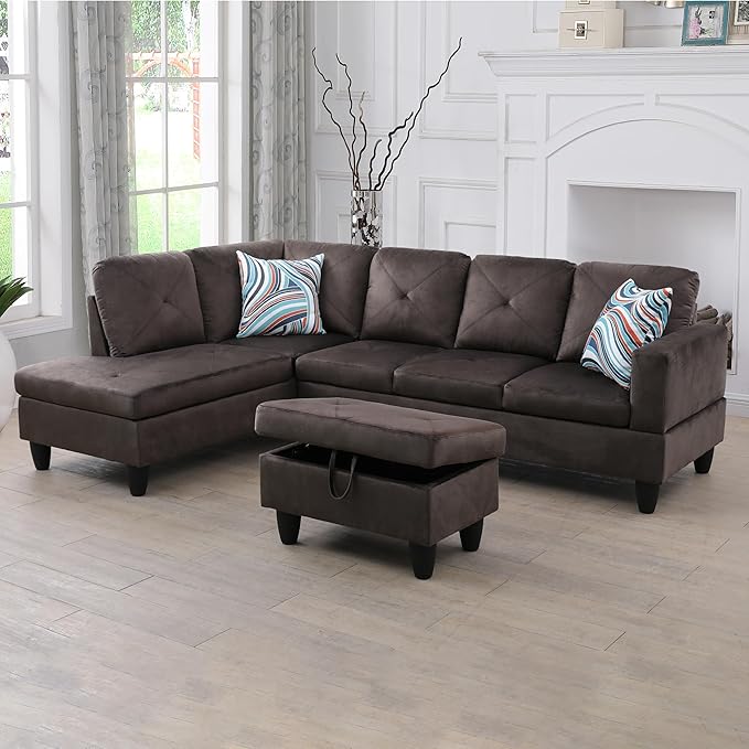 L Shaped Sectional Sofa with Ottoman, Microfiber Right Facing Modern Couches - Image 5
