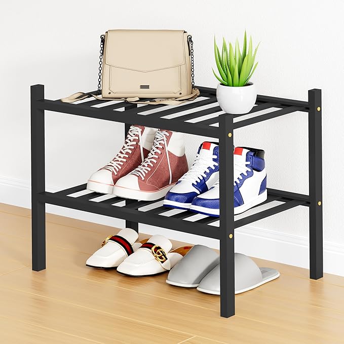 Smiry Shoe Rack, 2 Tier Small Bamboo Shoe Organizer, Stackable Free Standing by Smiry