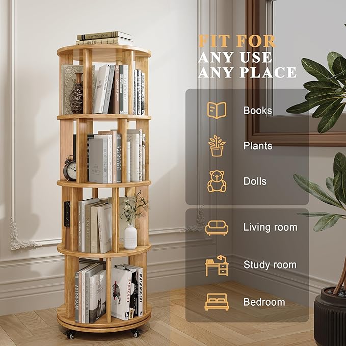 4-Tier Rotating Bookshelf, 360° Spinning Stackable Bookcase, Freestanding - Image 4