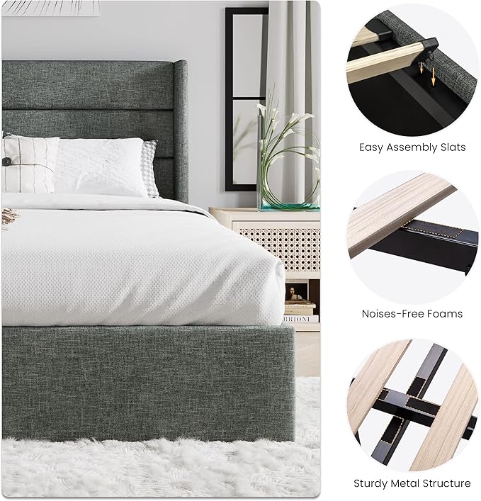 SHA CERLIN Full Size Lift Up Storage Bed/Modern Wingback Headboard/Upholstered - Image 7