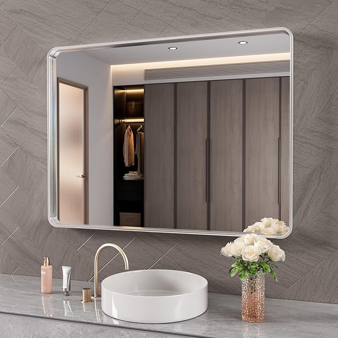 Brushed Nickel Bathroom Mirror 40x36 Inch, Brushed Silver Metal Frame Mirror by JISOSO