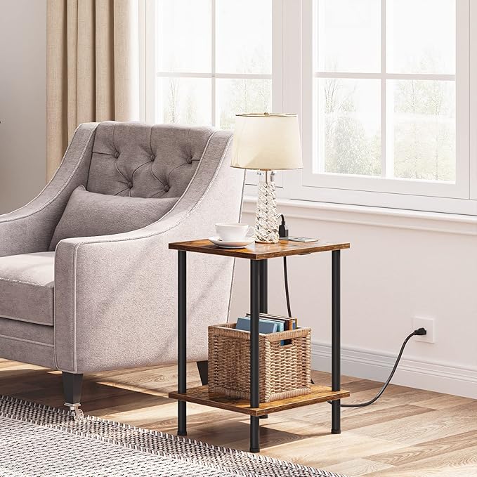 HOOBRO Side Table with Charging Station, Nightstand with 2-Layer Storage Shelves - Image 6