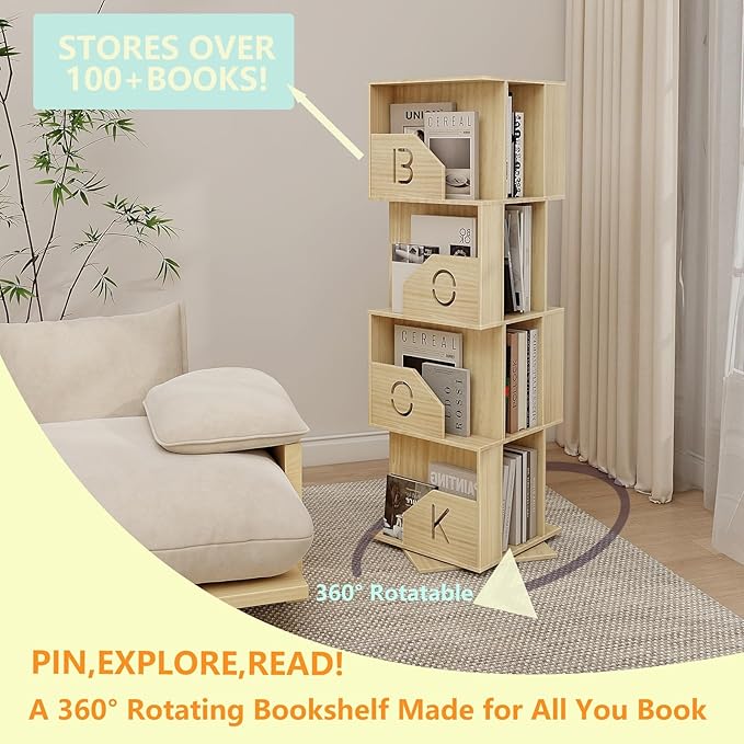 4 Tier Kids Rotating Bookshelf, Premium Pine Wood Space Saving Bookshelf Holds - Image 8
