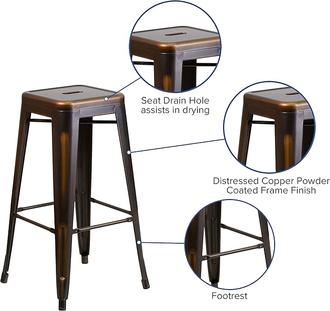 Flash Furniture Kai Commercial Grade 4 Pack 30" High Backless Distressed Copper - Image 6