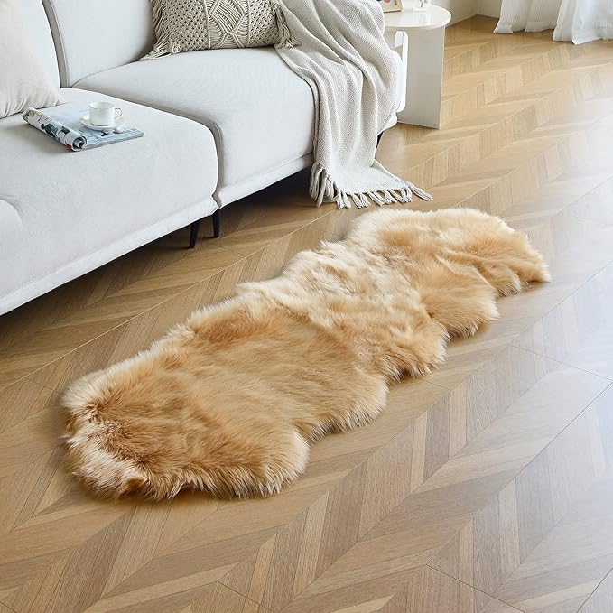 duduta Beige Faux Sheepskin Runner Rugs 2x6 ft, Fluffy Shag Bedroom Rug Fur by Duduta