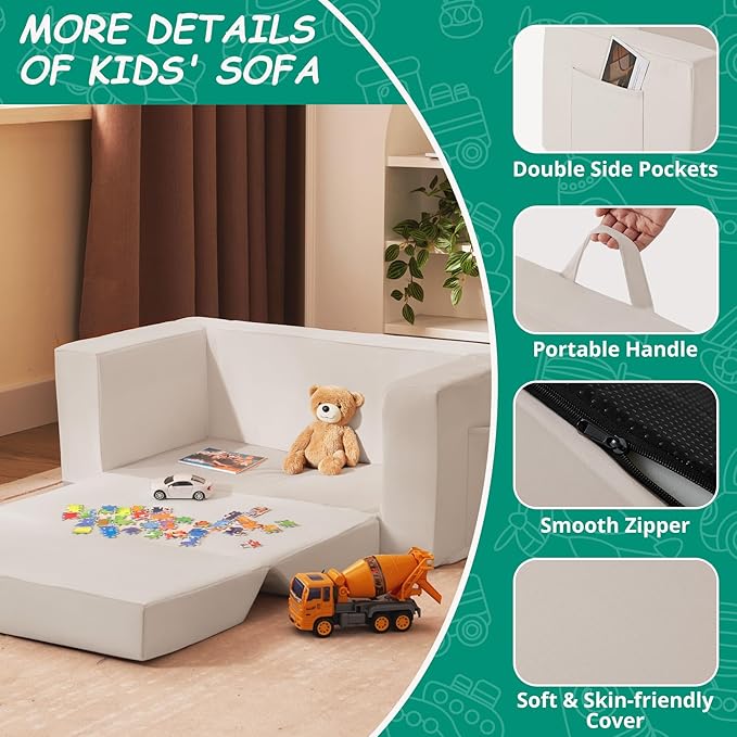 Kids Couch, 2-in-1 Toddler Chair Comfy 1-3 Years, Convertible Kids Chair - Image 4