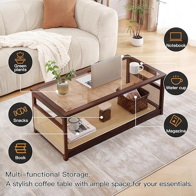 Welnow Rattan Coffee Table for Living Room, Modern 2-Tier Rectangle Center Table - Image 6