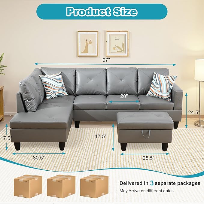 L Shaped Couch Faux Leather Sectional Couch Upholstered 3 Pieces Sofas - Image 2