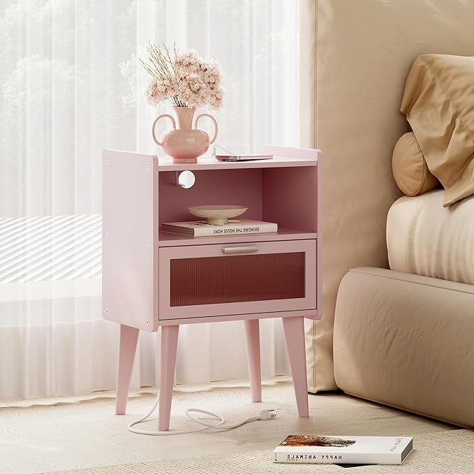 Nightstand with Charging Station, Bedside Tables Pink End Table Side Table with - Image 7