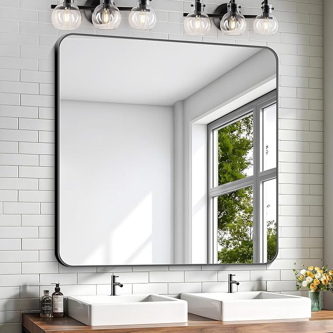 KOCUUY Black Bathroom Mirror 40"x40", Large Square Vanity Mirror by KOCUUY
