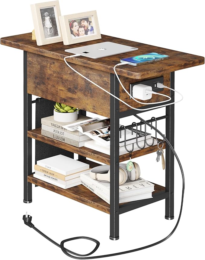 End Table with Charging Station, Flip Top Nightstand with USB Ports and Outlets - Image 4