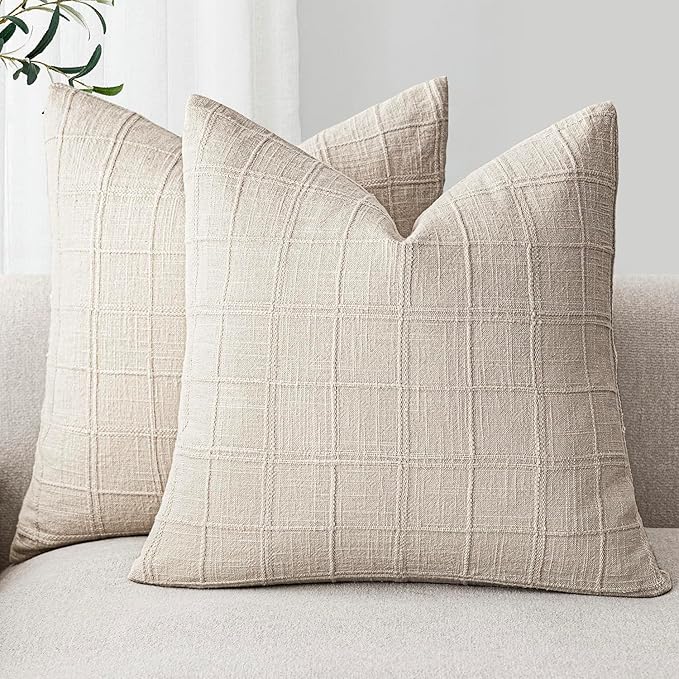 Foindtower Set of 2 Decorative Linen Check Throw Pillow Covers Neutral by Foindtower
