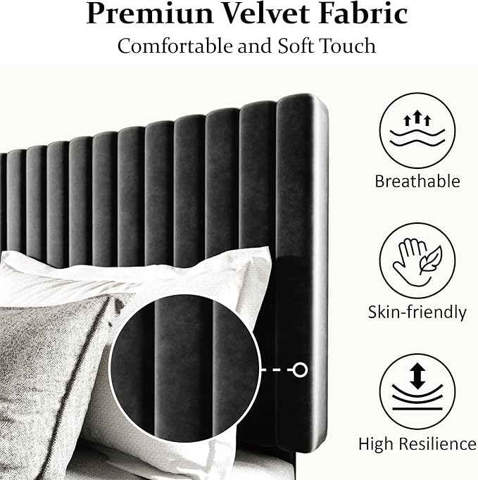 Full Size Bed Frame with Velvet Upholstered Headboard, Platform Bed with Strong - Image 4