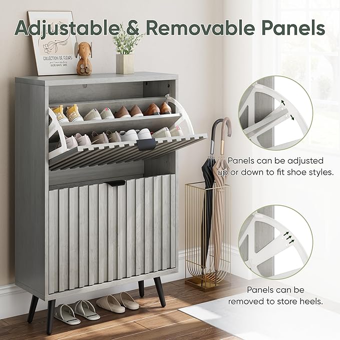 Smuxee Shoe Cabinet with 2 Flip Drawers, 23.6" Grey Hidden Shoe Storage Cabinet - Image 4