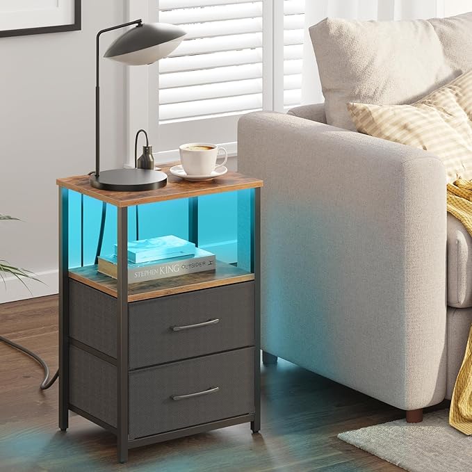 TUTOTAK LED End Table with Charging Station, Nightstand with Cloth Drawer - Image 2