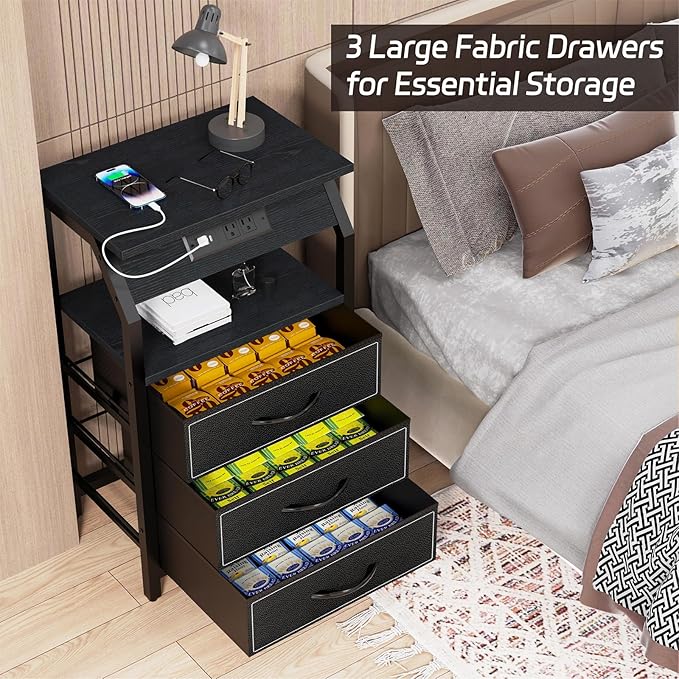 End Table with 3 Drawers, Nightstand with Charging Station and LED Lights - Image 5