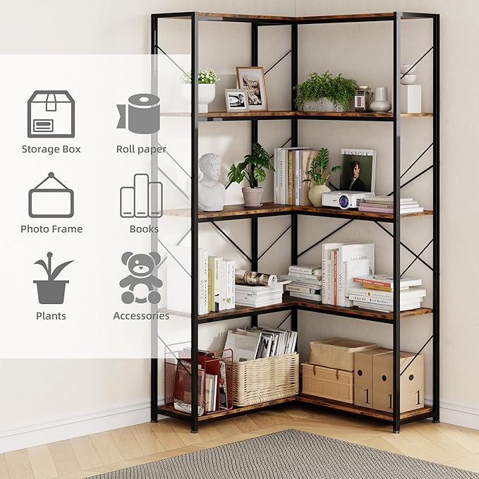 Shintenchi 5 Tier Corner Bookshelf, L Shaped Bookcase, Large Etagere Bookcase - Image 5