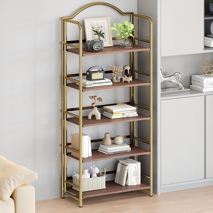 No-Assembly Gold Folding Bookshelf Storage Shelves 5 Tiers Vintage - Image 2