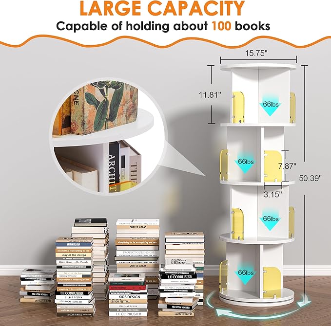 VECELO 4-Tier Rotating Bookshelf, Small Corner Bookshelf - Image 3