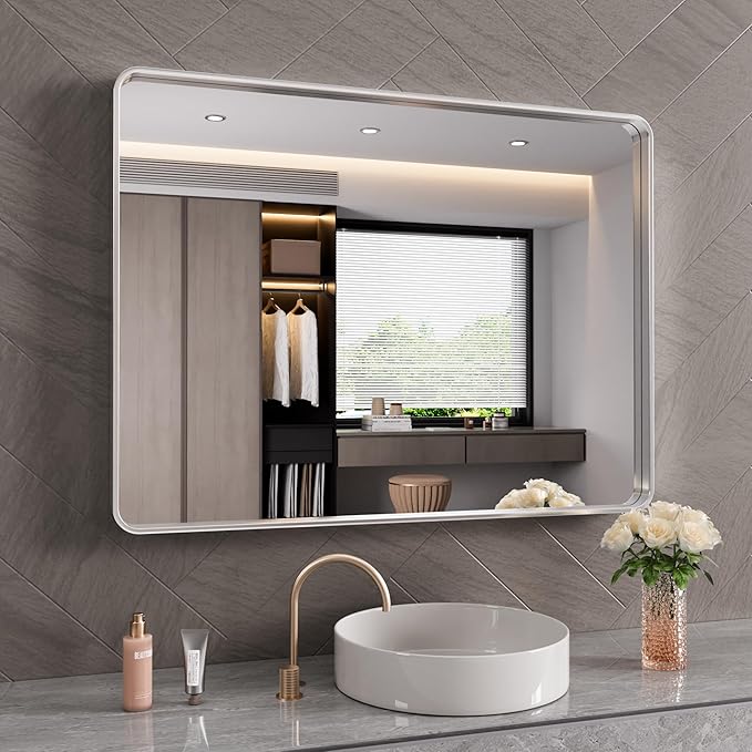 Brushed Nickel Bathroom Mirror 48x40 Inch, Brushed Silver Metal Frame Mirror by JISOSO