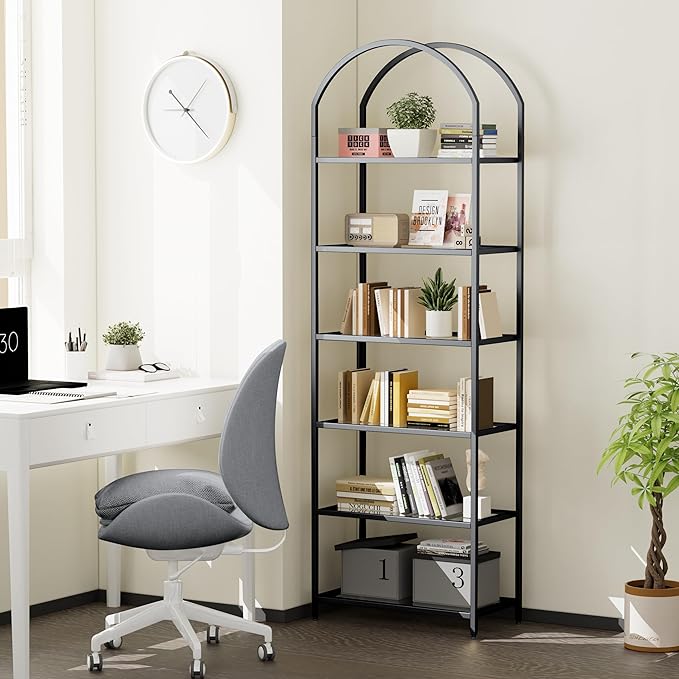 Homhedy Bookshelf Arched Display Racks, Metal Bookcase, Tempered Glass Shelves - Image 6