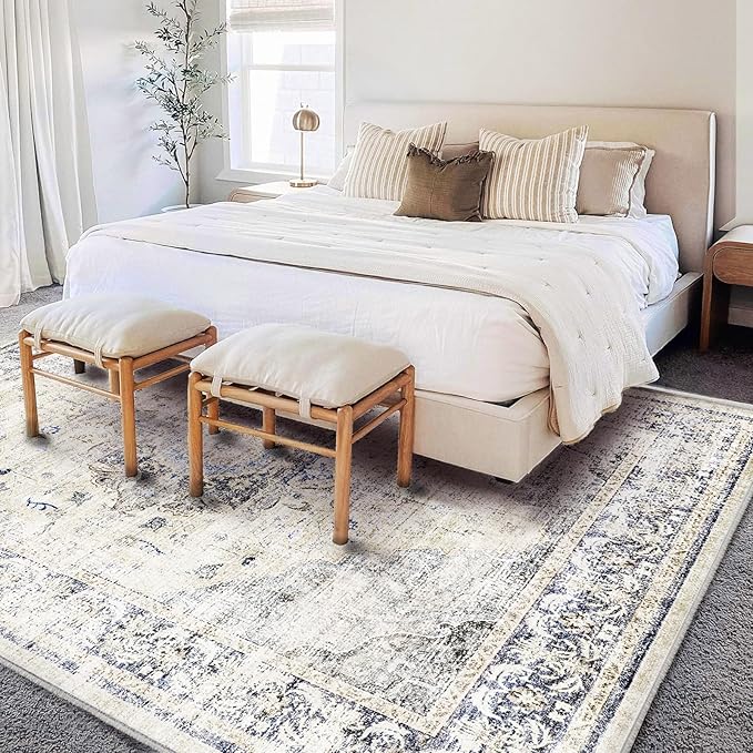 Area Rug 6'x9' Washable Floral Blue Vintage Traditional Floor Cover Thin Retro - Image 3