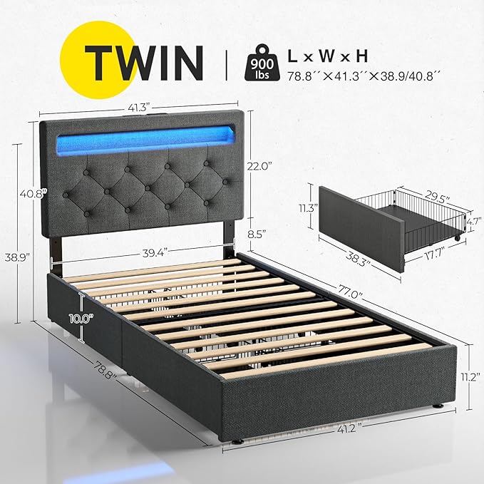 Rolanstar Twin Bed Frame with 4 Storage Drawers and Charging Station, Twin Bed - Image 3