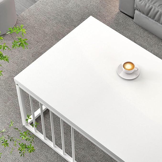 FOLUBAN White Coffee Table, Modern Rustic Wood and Metal Center Table, - Image 4
