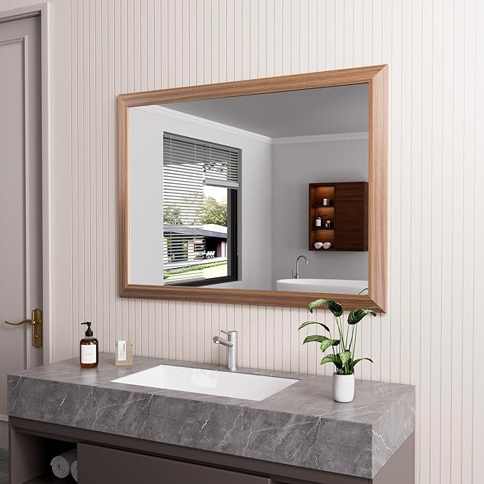 Amorho Bathroom Mirror, 40 X30 Inch Wall Mirror, Walnut Wood Grain Metal Framed by Amorho