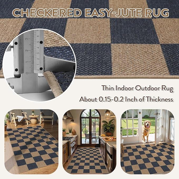 Lahome Checkered Easy Jute Indoor Outdoor Carpet, 3x5 Washable Rugs - Image 3