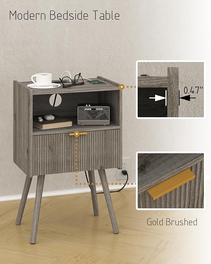 Nightstand with Outlet, Modern Bedside Table with Storage Drawer and Open Wood - Image 5
