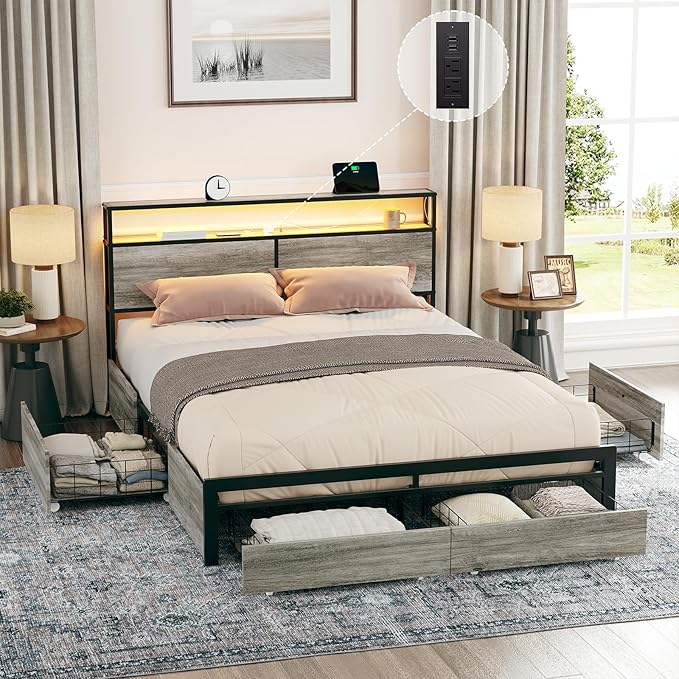 Queen Size Bed Frame with Storage Headboard and 4 Drawers LED Lighting Sturdy by HAUSOURCE