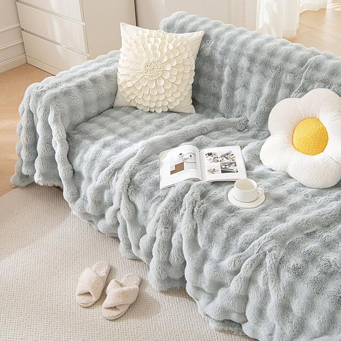 VM VOUGEMARKET Thick Faux Rabbit Fur Couch Cover 1-Piece Non-Slip Warm Soft - Image 2