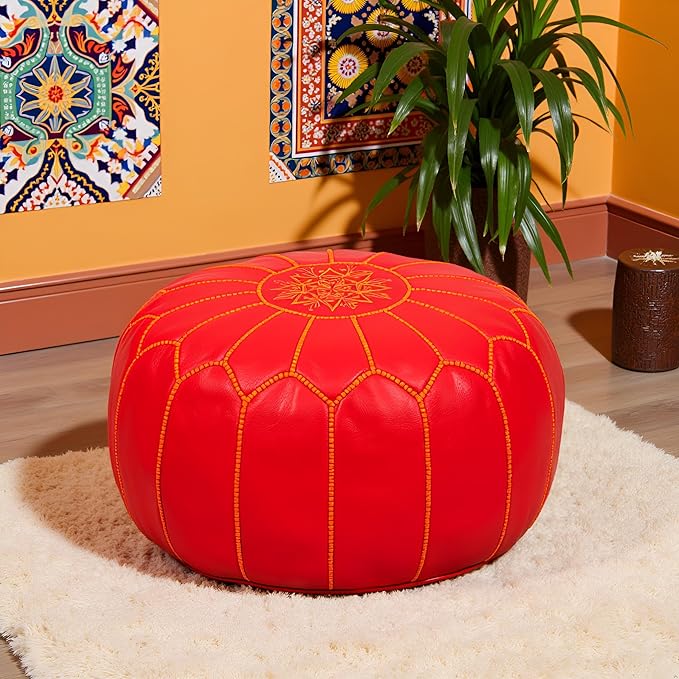 Stuffed Round Design Moroccan Leather Pouf Ottoman, Pre-Filled, 100% Genuine - Image 4