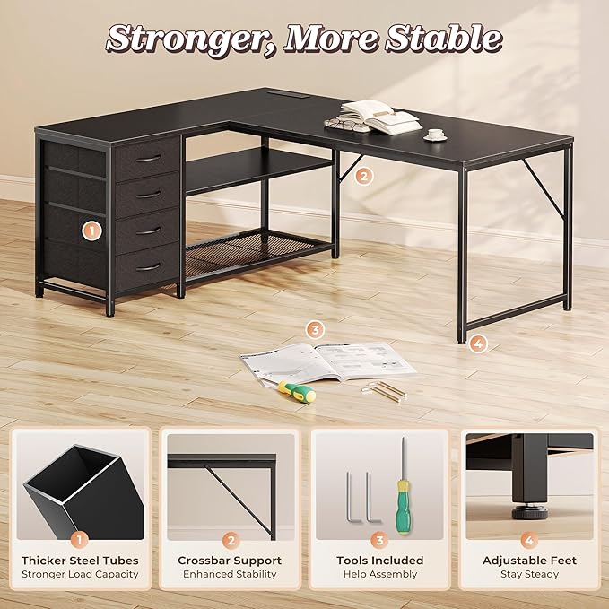 PRAISUN 53" L Shaped Desk with Power Outlets and USB-C Port, Reversible - Image 8