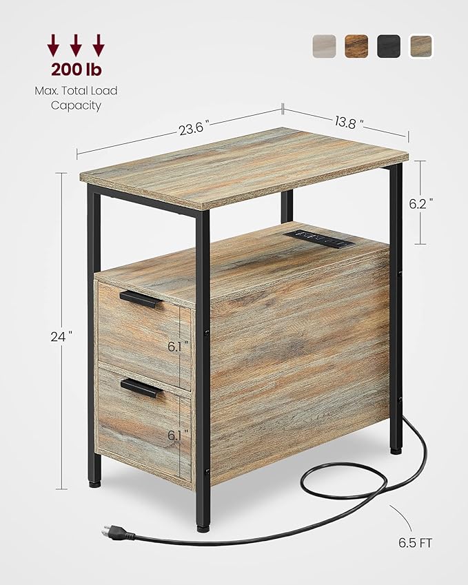 VASAGLE Side Table with Charging Station, Narrow End Table with 2 Drawers - Image 3