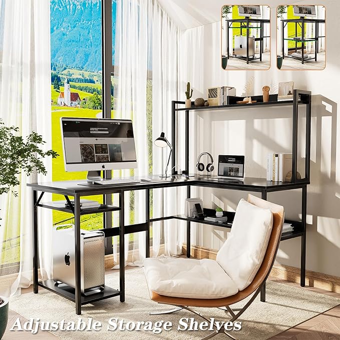 L Shaped Computer Desk with Hutch and Storage Shelves, Gaming Desk with LED - Image 6