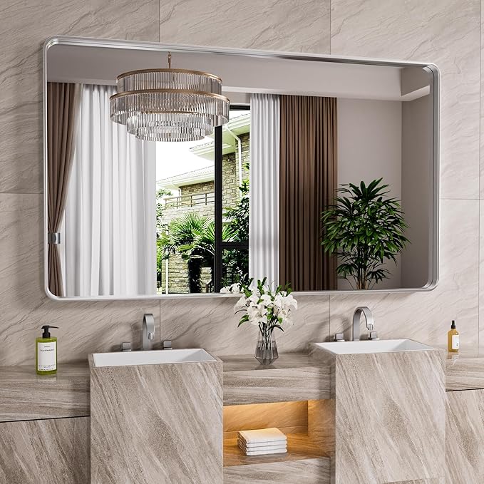 Brushed Nickel Bathroom Mirror 72x32 Inch, Brushed Silver Metal Frame Mirror by JISOSO