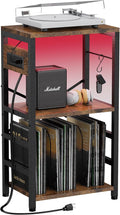 End Table with LED Light, Record Player Stand with Charging Station, Vinyl by YAKANJ