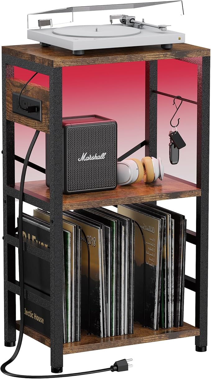 End Table with LED Light, Record Player Stand with Charging Station, Vinyl by YAKANJ