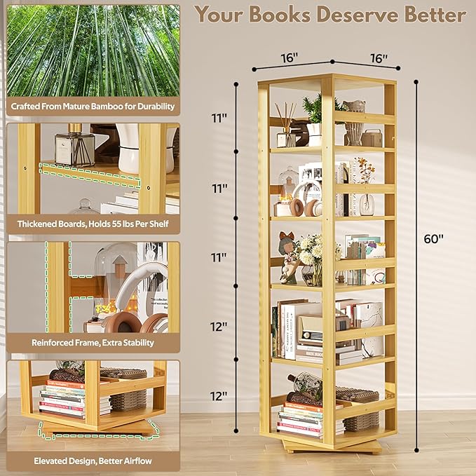 Homykic Rotating Bookshelf, Bamboo 360 Display Spinning Bookshelf Tower - Image 3