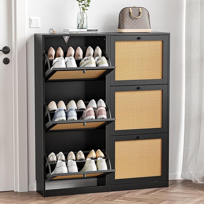 Rattan Shoe Cabinet 3-Tier, Narrow Shoe Cabinet - Image 3