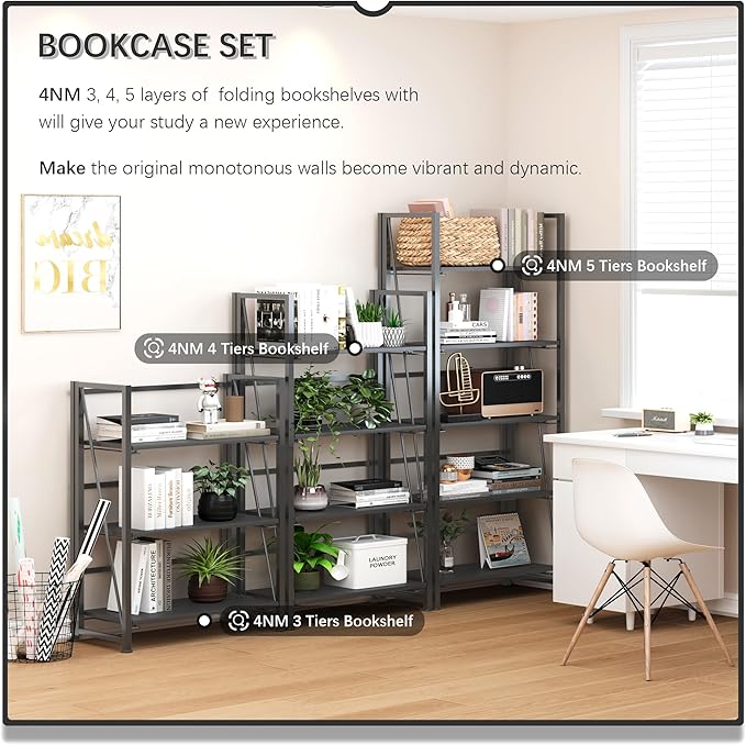 4NM No Assembly Folding Bookshelf, 5-Shelf 62.2" H Collapsible Foldable - Image 5