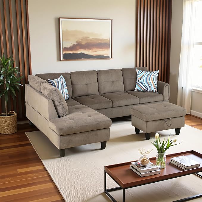 L Shaped Couch Modern Sectional Couch Upholstered Velvet Fabric 3 Pieces Sofas - Image 4