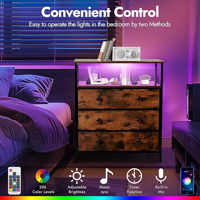 3 Drawers Dresser with Charging Station, 24 Inch Wide LED Night Stand with - Image 5