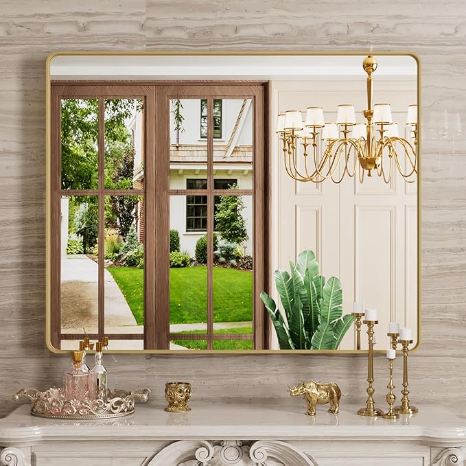 Gold Bathroom Mirror, 40x32 Inch Brushed Gold Metal Frame Mirror - Image 2