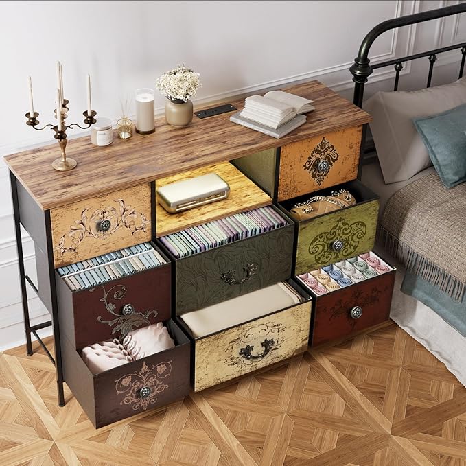 Pattern Dresser with LED Lights and Power Outlets, Dresser TV Stand with 8 - Image 4